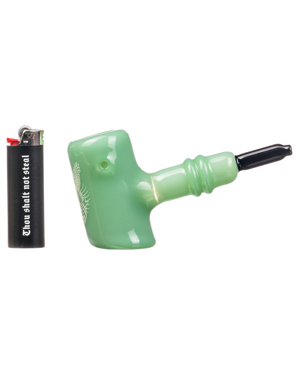 Dimond Glass Classic Sherlock Hand Pipe Mint Green Ligher for scale